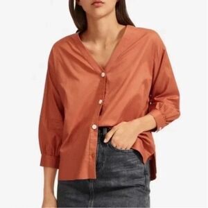Everlane Women’s Lantern Top Burnt Orange Button Down V Neck Cotton Silky Sz 10